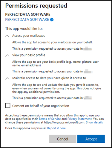 Business Email Compromise: An example of: Permissions that are requested by 'PERFECTDATA SOFTWARE'