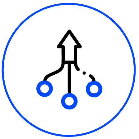 An icon of an arrow that towards the end breaks off into strands with blue circles attached.
