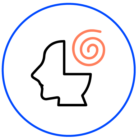 Icon of a head missing a 90 degree chunk of out it, in this space is a salmon colour spiral.