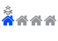 4 houses 1 blue with a breach symbol above it